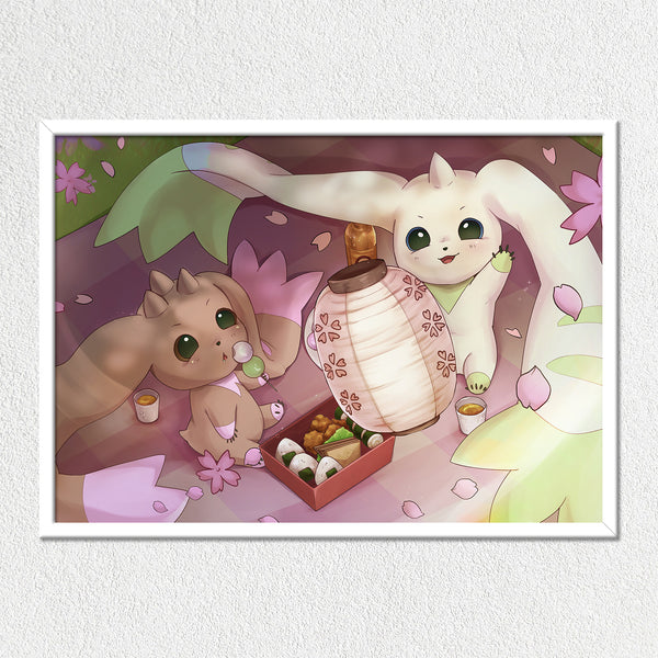 Terrier & Lop Sakura Picnic Mounted Art Print