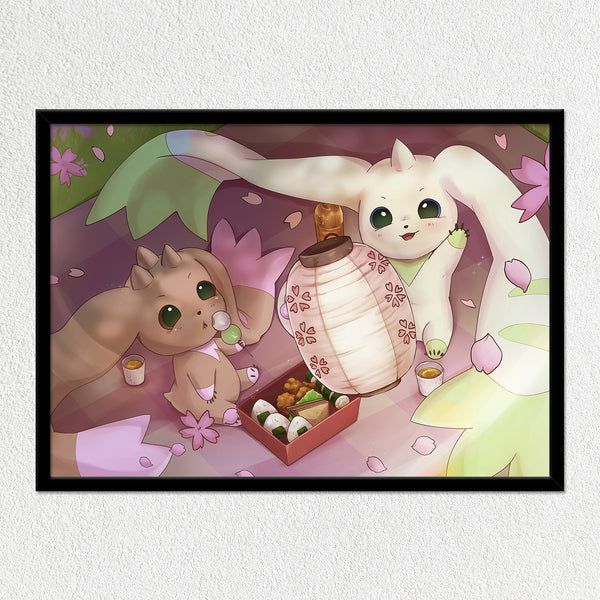 Terrier & Lop Sakura Picnic Mounted Art Print