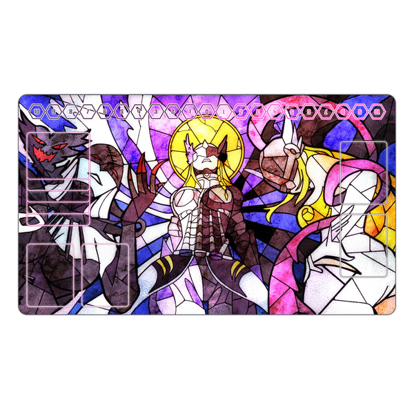 Mastemon, LadyDevimon, Angewomon Stained Glass Art TCG Playmat