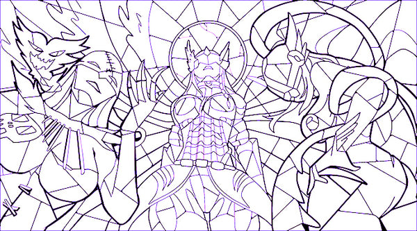 Mastemon, LadyDevimon, Angewomon Stained Glass Art TCG Playmat